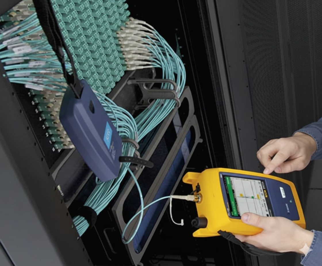 A man is testing fiber optic cables in a network rack. He holds a yellow cable tester in his left hand, and his right hand is touching the screen of the device. The tester is connected to the network via a light blue fiber optic cable. The network rack is filled with numerous fiber optic patch panels with light green and white connectors, and cables are neatly bundled.