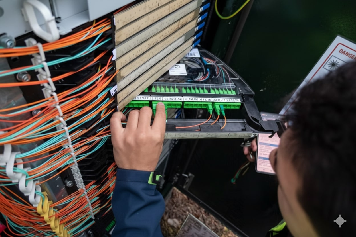 A high-angle view of a technician working on an open fiber optic cabinet. The cabinet is filled with bundles of orange and green cables. The technician, seen from behind, is using one hand to touch a green connector on a patch panel while holding a smartphone in the other hand. A danger warning sign with a laser symbol is visible on the right.